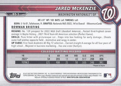 2022 Bowman Draft Jared McKenzie FBC 1st Bowman BD-5 Washington Nationals