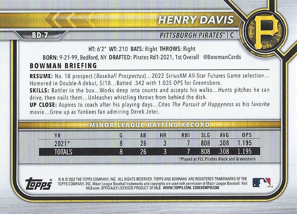 2022 Bowman Draft Henry Davis BD-7 Pittsburgh Pirates