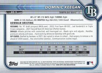 2022 Bowman Draft Dominic Keegan FBC 1st Bowman BD-9 Tampa Bay Rays