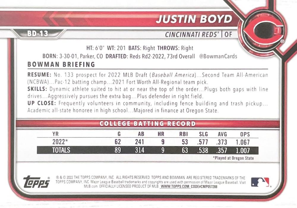 2022 Bowman Draft Justin Boyd FBC 1st Bowman BD-13 Cincinnati Reds