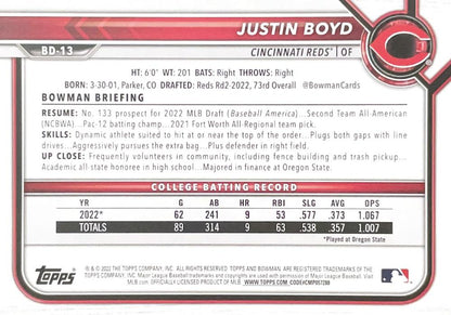 2022 Bowman Draft Justin Boyd FBC 1st Bowman BD-13 Cincinnati Reds
