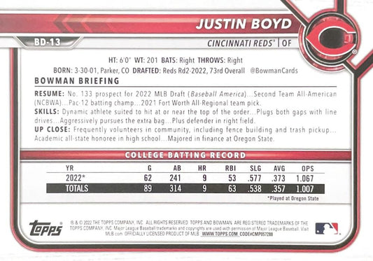 2022 Bowman Draft Justin Boyd FBC 1st Bowman BD-13 Cincinnati Reds