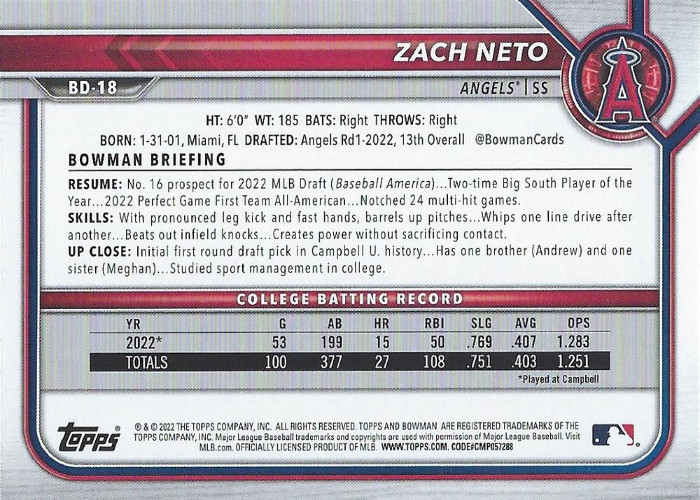 2022 Bowman Draft Zach Neto FBC 1st Bowman BD-18 Los Angeles Angels