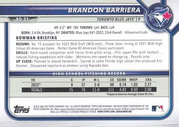 2022 Bowman Draft Brandon Barriera FBC 1st Bowman BD-21 Toronto Blue Jays