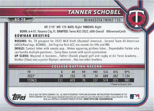 2022 Bowman Draft Tanner Schobel FBC 1st Bowman BD-28 Minnesota Twins
