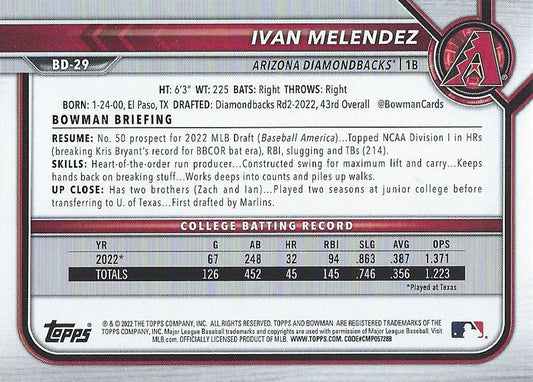 2022 Bowman Draft Ivan Melendez FBC 1st Bowman BD-29 Arizona Diamondbacks