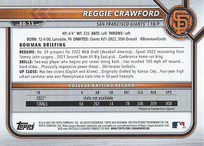2022 Bowman Draft Reggie Crawford FBC 1st Bowman BD-33 San Francisco Giants