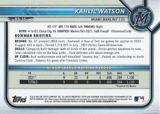 2022 Bowman Draft Kahlil Watson BD-35 Miami Marlins