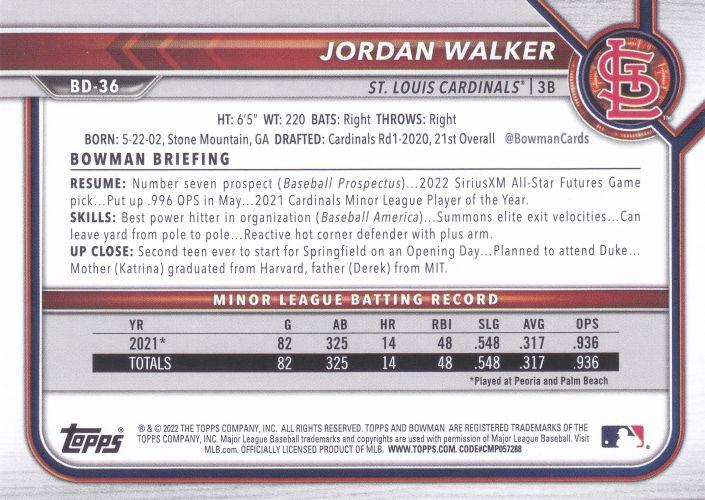 2022 Bowman Draft Jordan Walker BD-36 St. Louis Cardinals