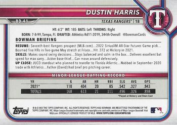 2022 Bowman Draft Dustin Harris BD-41 Texas Rangers