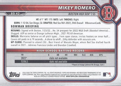 2022 Bowman Draft Mikey Romero FBC 1st Bowman BD-42 Boston Red Sox