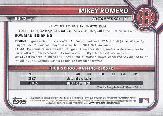2022 Bowman Draft Mikey Romero FBC 1st Bowman BD-42 Boston Red Sox