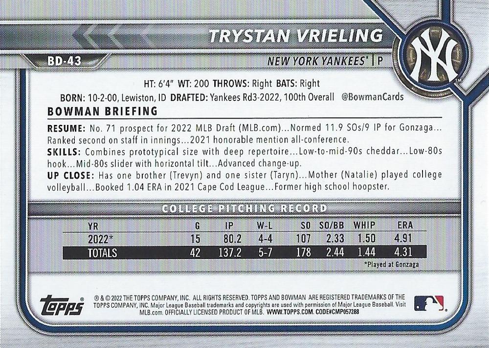 2022 Bowman Draft Trystan Vrieling FBC 1st Bowman BD-43 New York Yankees