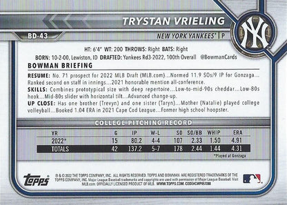 2022 Bowman Draft Trystan Vrieling FBC 1st Bowman BD-43 New York Yankees