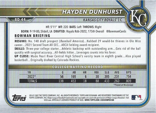 2022 Bowman Draft Hayden Dunhurst FBC 1st Bowman BD-44 Kansas City Royals