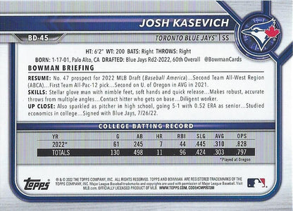 2022 Bowman Draft Josh Kasevich FBC 1st Bowman BD-45 Toronto Blue Jays