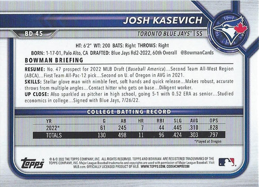 2022 Bowman Draft Josh Kasevich FBC 1st Bowman BD-45 Toronto Blue Jays