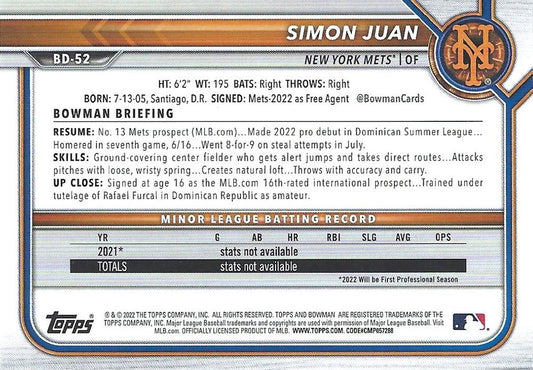 2022 Bowman Draft Simon Juan BD-52 New York Mets