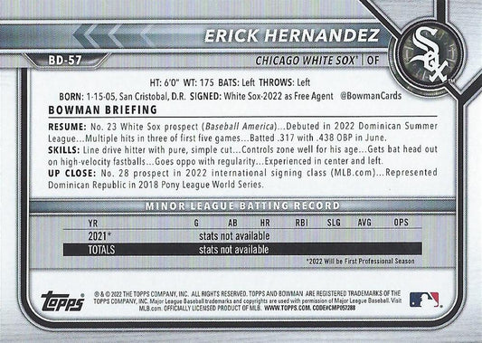 2022 Bowman Draft Erick Hernandez BD-57 Chicago White Sox