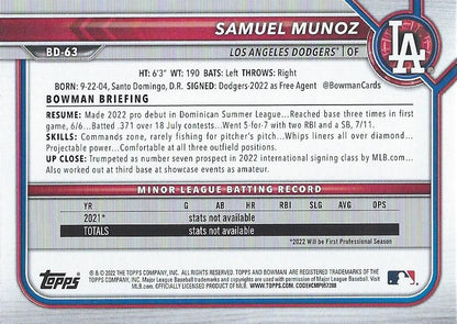 2022 Bowman Draft Samuel Munoz BD-63 Los Angeles Dodgers