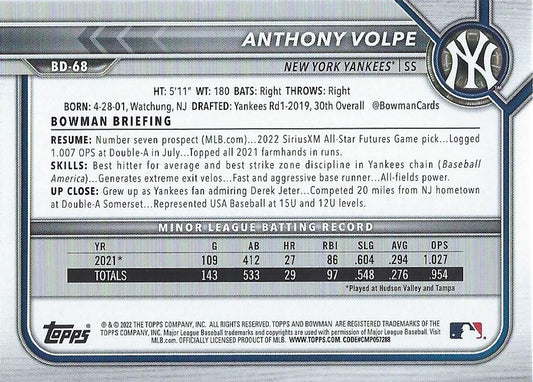 2022 Bowman Draft Anthony Volpe BD-68 New York Yankees