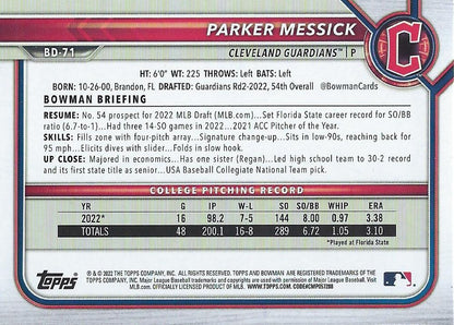 2022 Bowman Draft Parker Messick FBC 1st Bowman BD-71 Cleveland Guardians