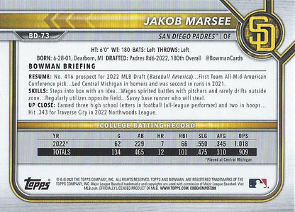 2022 Bowman Draft Jakob Marsee FBC 1st Bowman BD-73 San Diego Padres