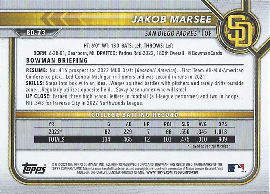 2022 Bowman Draft Jakob Marsee FBC 1st Bowman BD-73 San Diego Padres