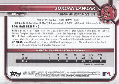 2022 Bowman Draft Jordan Lawlar BD-78 Arizona Diamondbacks