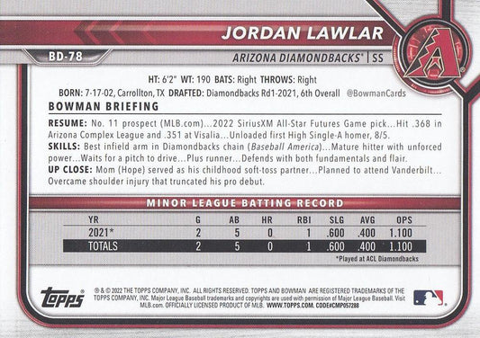 2022 Bowman Draft Jordan Lawlar BD-78 Arizona Diamondbacks