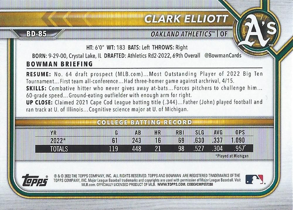 2022 Bowman Draft Clark Elliott FBC 1st Bowman BD-85 Oakland Athletics