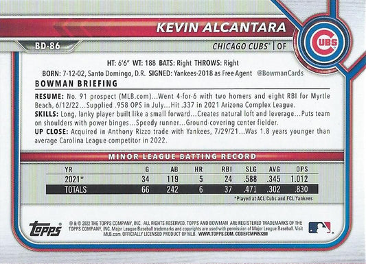 2022 Bowman Draft Kevin Alcantara BD-86 Chicago Cubs