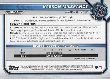 2022 Bowman Draft Karson Milbrandt FBC  BD-87 Miami Marlins