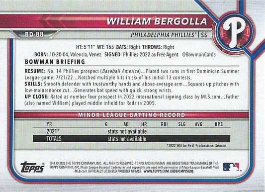 2022 Bowman Draft William Bergolla BD-88 Philadelphia Phillies
