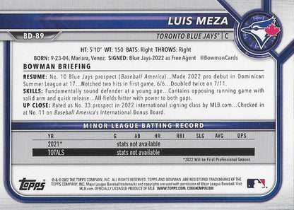 2022 Bowman Draft Luis Meza BD-89 Toronto Blue Jays