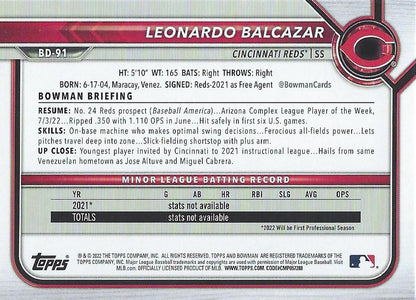 2022 Bowman Draft Leonardo Balcazar BD-91 Cincinnati Reds