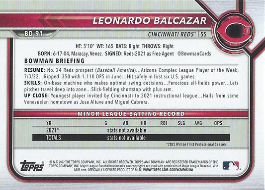 2022 Bowman Draft Leonardo Balcazar BD-91 Cincinnati Reds