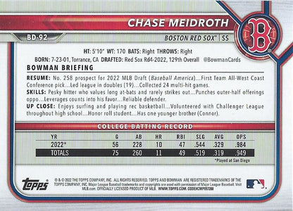 2022 Bowman Draft Chase Meidroth FBC 1st Bowman BD-92 Boston Red Sox