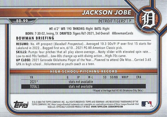 2022 Bowman Draft Jackson Jobe BD-99 Detroit Tigers
