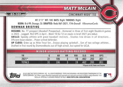 2022 Bowman Draft Matt McLain BD-100 Cincinnati Reds
