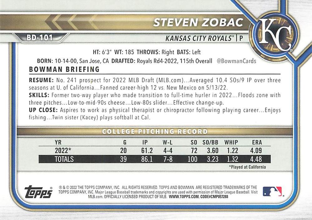 2022 Bowman Draft Steven Zobac BD-101 Kansas City Royals