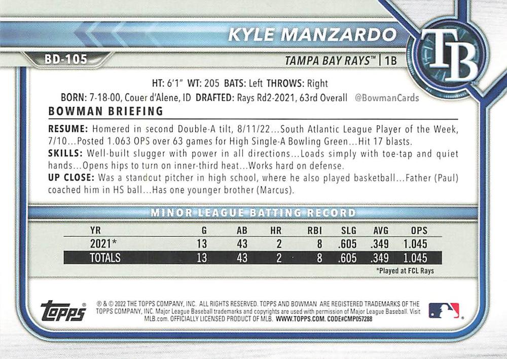 2022 Bowman Draft Kyle Manzardo BD-105 Tampa Bay Rays