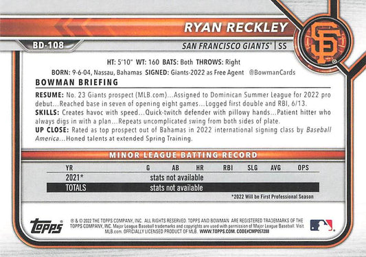 2022 Bowman Draft Ryan Reckley BD-108 San Francisco Giants