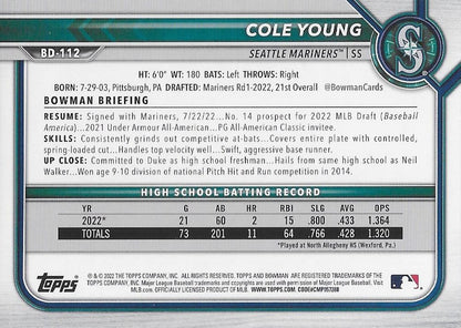 2022 Bowman Draft Cole Young FBC 1st Bowman BD-112 Seattle Mariners