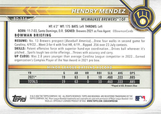 2022 Bowman Draft Hendry Mendez BD-116 Milwaukee Brewers