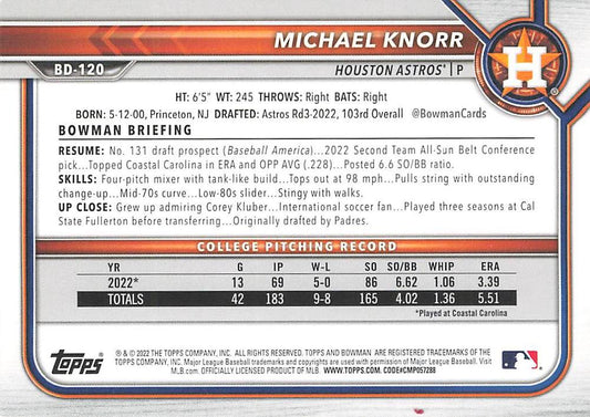2022 Bowman Draft Michael Knorr FBC 1st Bowman BD-120 Houston Astros
