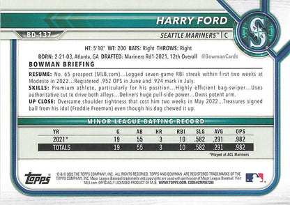 2022 Bowman Draft Harry Ford BD-137 Seattle Mariners