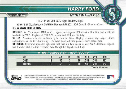 2022 Bowman Draft Harry Ford BD-137 Seattle Mariners