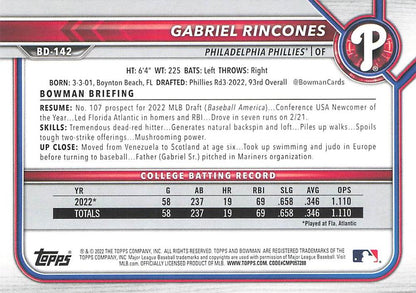 2022 Bowman Draft Gabriel Rincones FBC 1st Bowman BD-142 Philadelphia Phillies