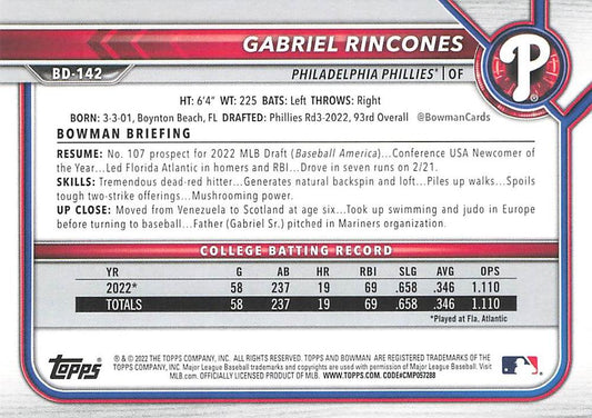 2022 Bowman Draft Gabriel Rincones FBC 1st Bowman BD-142 Philadelphia Phillies
